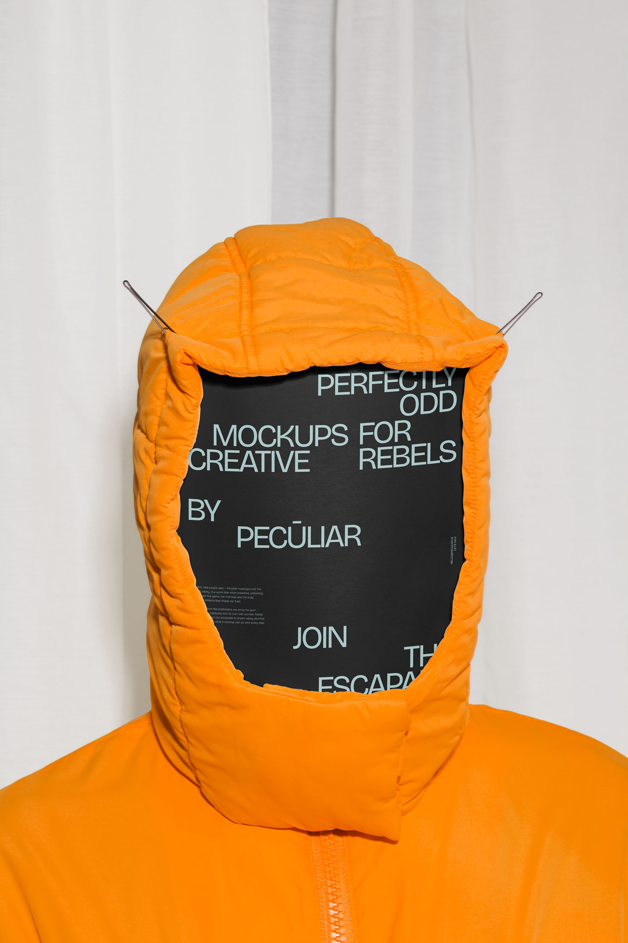 Close-up of an A5 minimalist design poster mockup hiding the face of a person in a puffer jacket against a light background, in use example alternative colors.