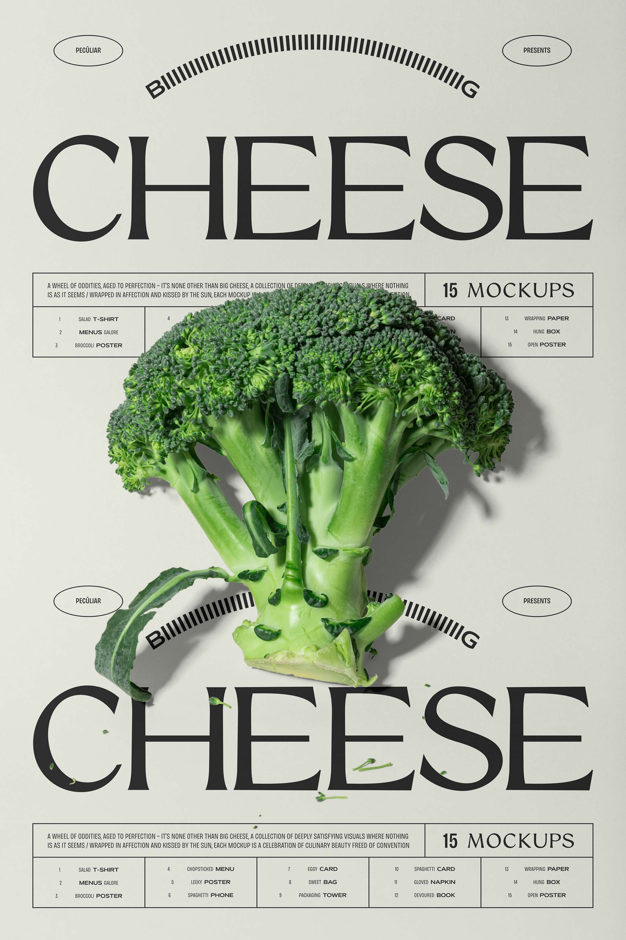 Photo of a beige paper typographic poster mockup on top of which a raw broccoli is placed, throwing a strong shadow, in use example.