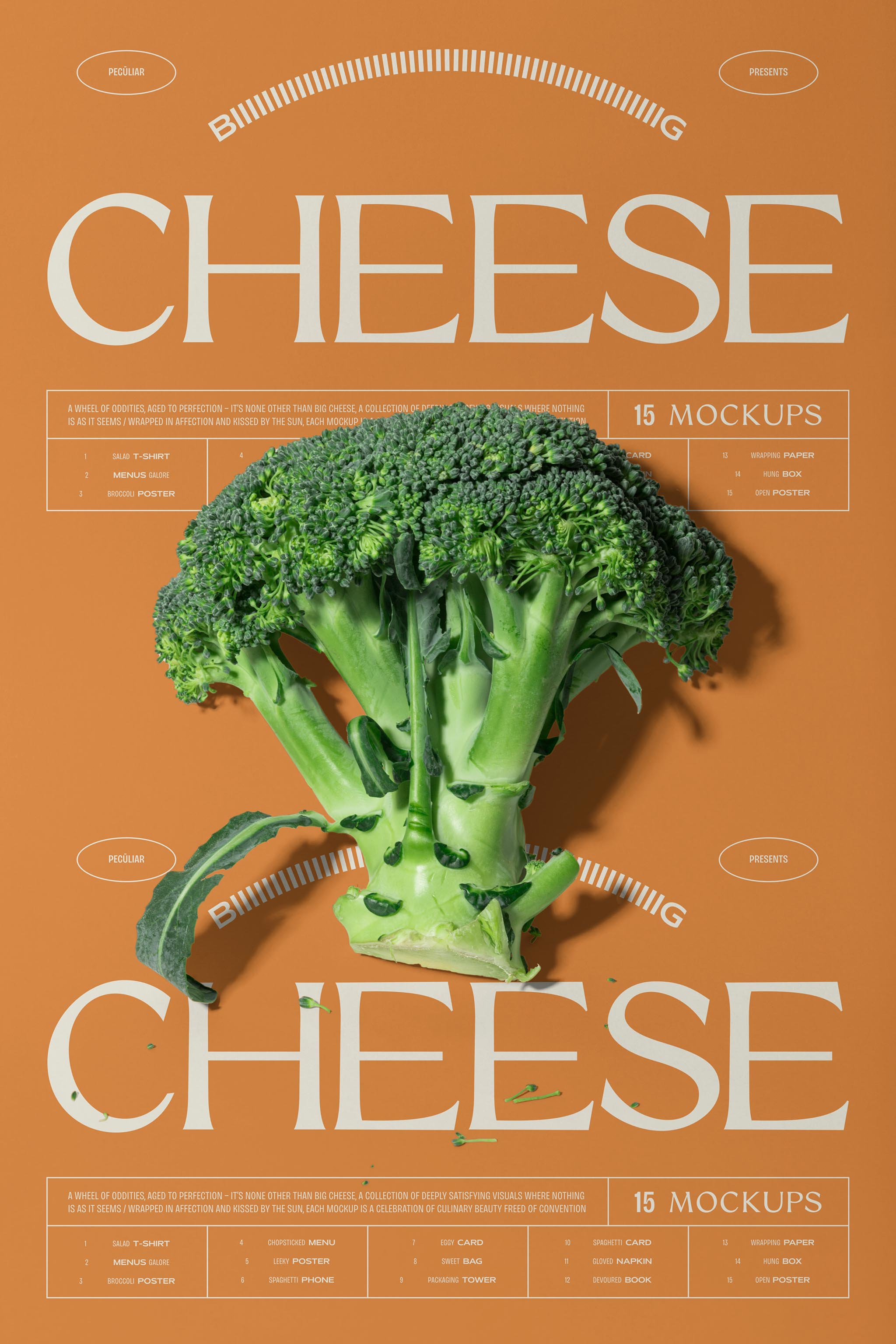 Photo of a beige paper typographic poster mockup on top of which a raw broccoli is placed, throwing a strong shadow, in use example alternative colors.