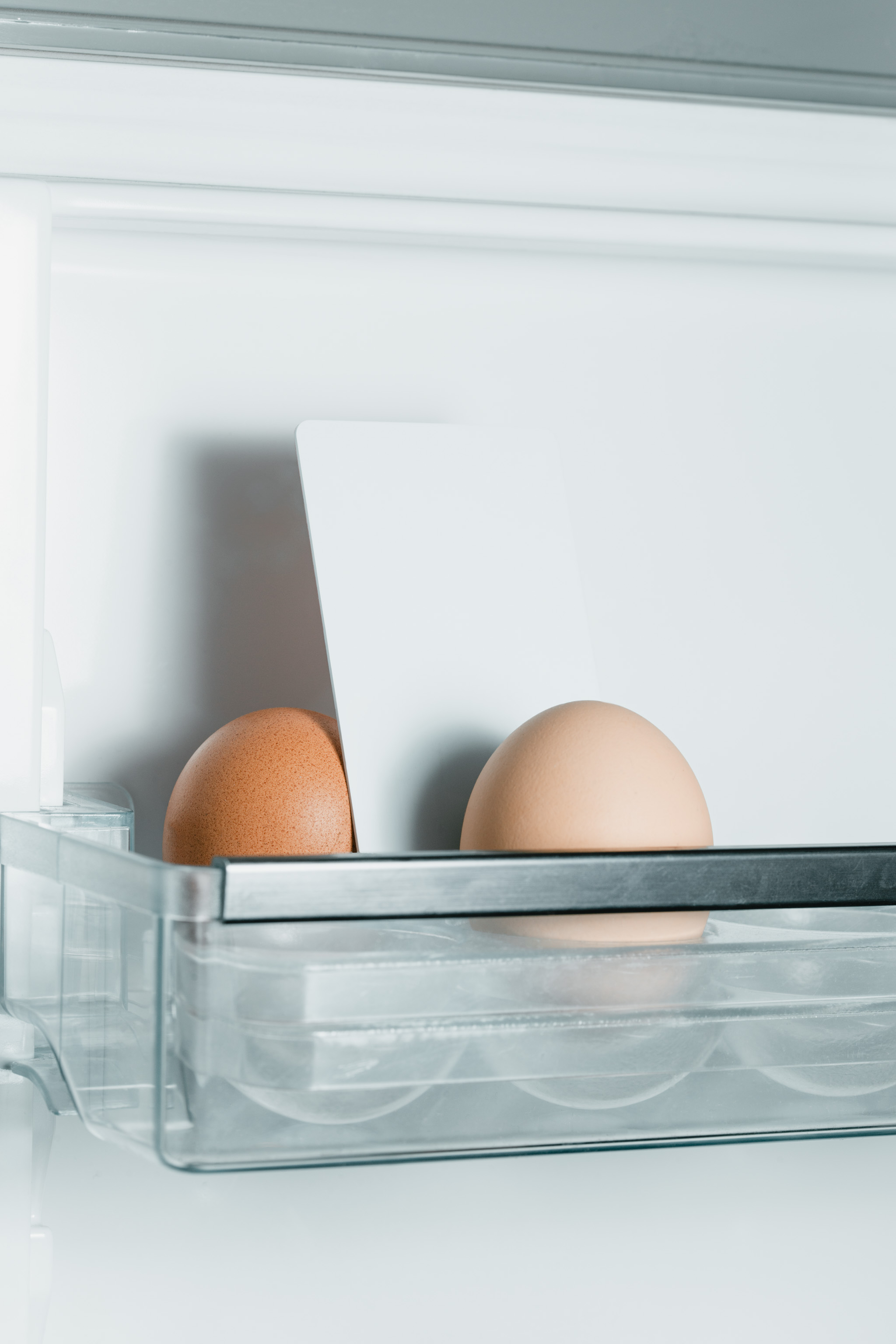 Close-up photo of two eggs in a minimalist white fridge among which a vertical american business card mockup with dark typography is placed, empty mockup.