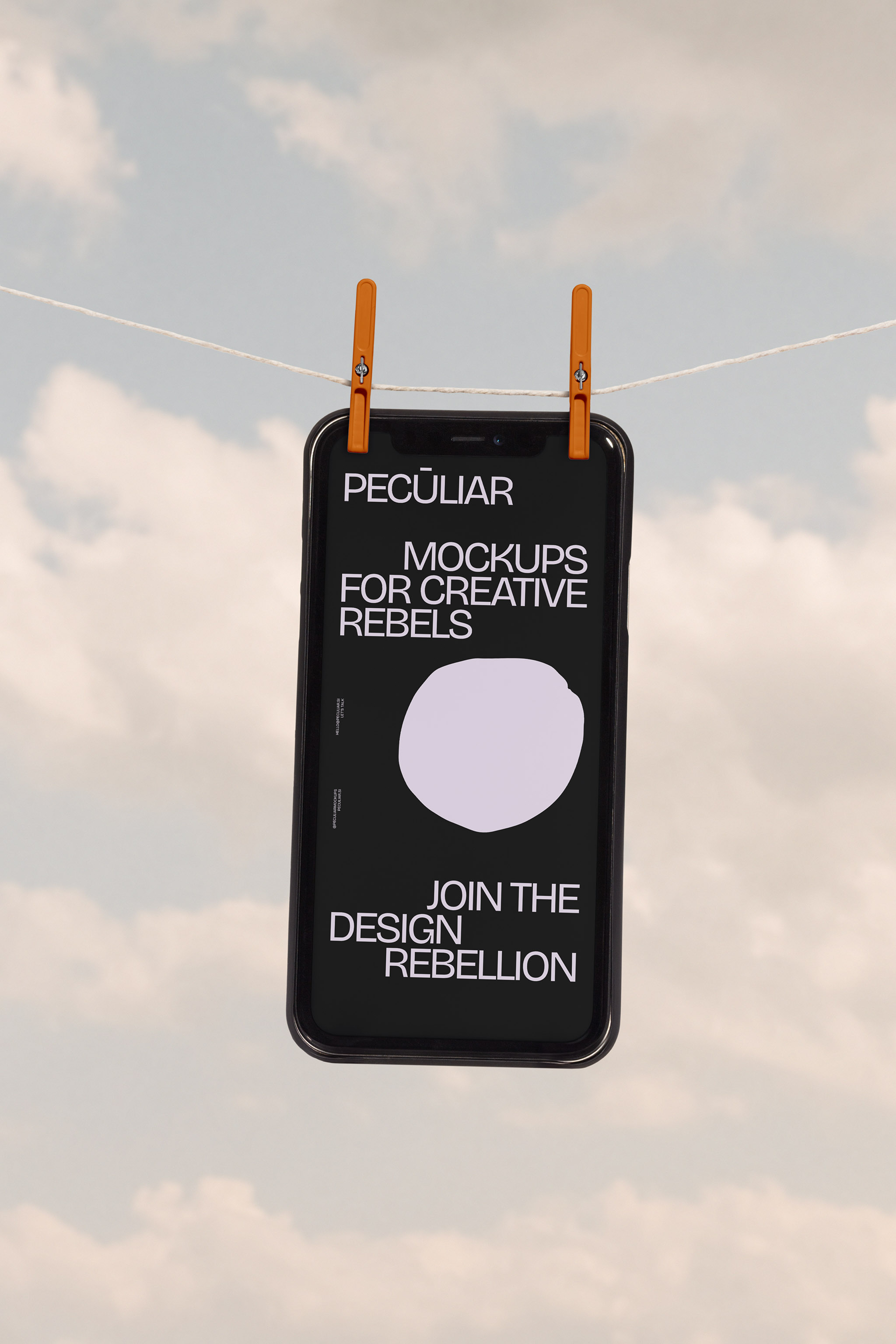 Large floating iPhone device mockup hung with clothespins in the air against a cloudy sky background, in use example.