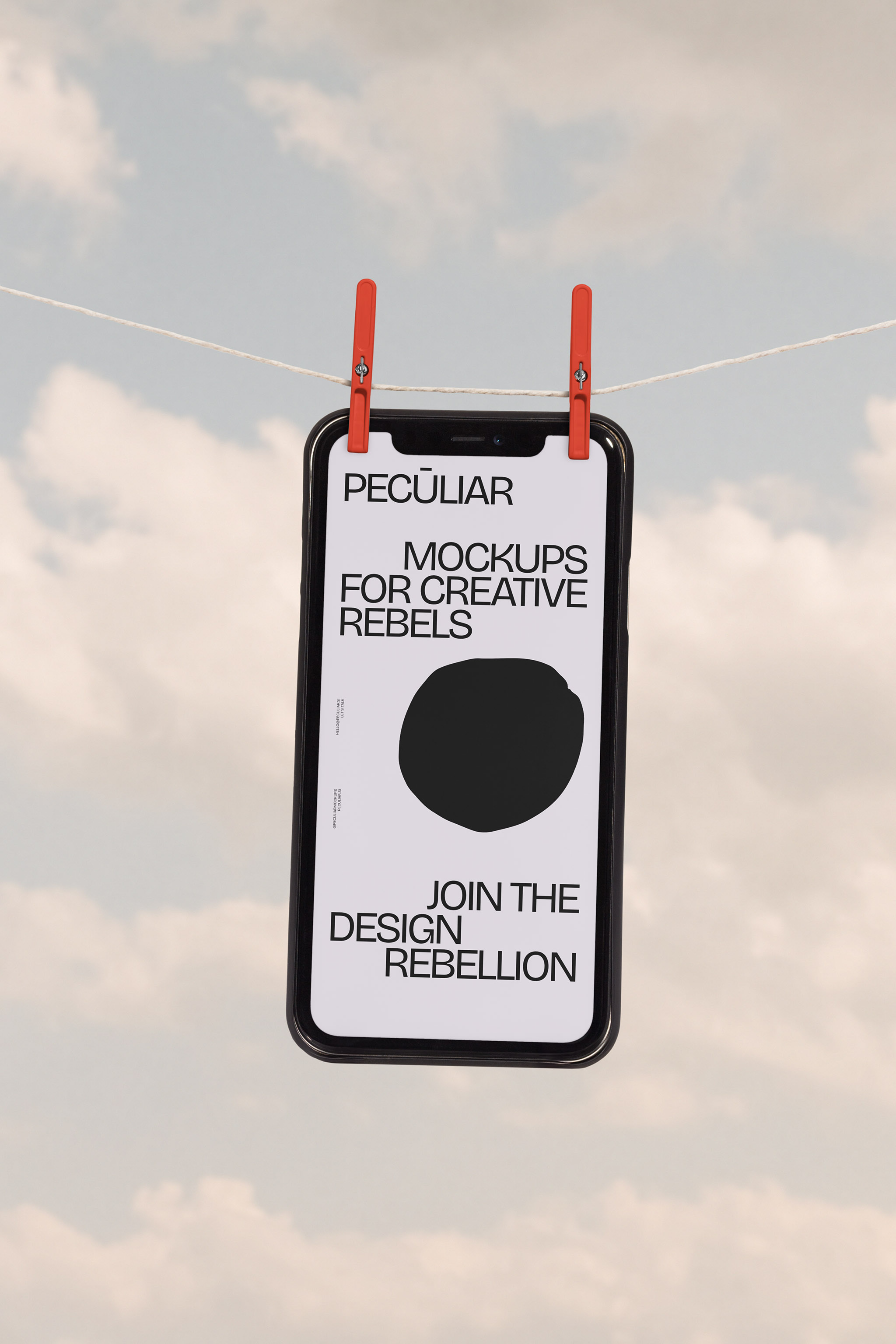 Large floating iPhone device mockup hung with clothespins in the air against a cloudy sky background, in use example alternative colors.
