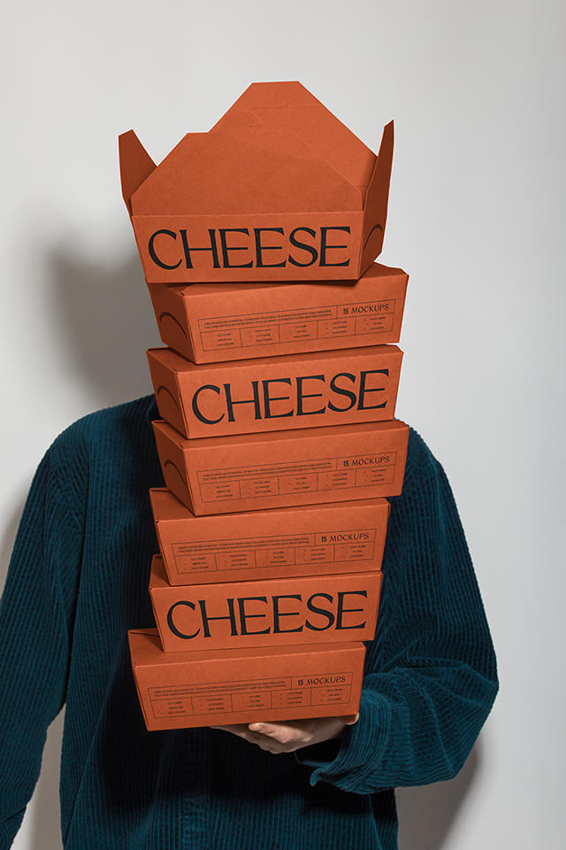 Photograph of a person in a dark blue satin dress shirt holding a tower of kraft meal boxes with food packaging design with one hand, in use example.