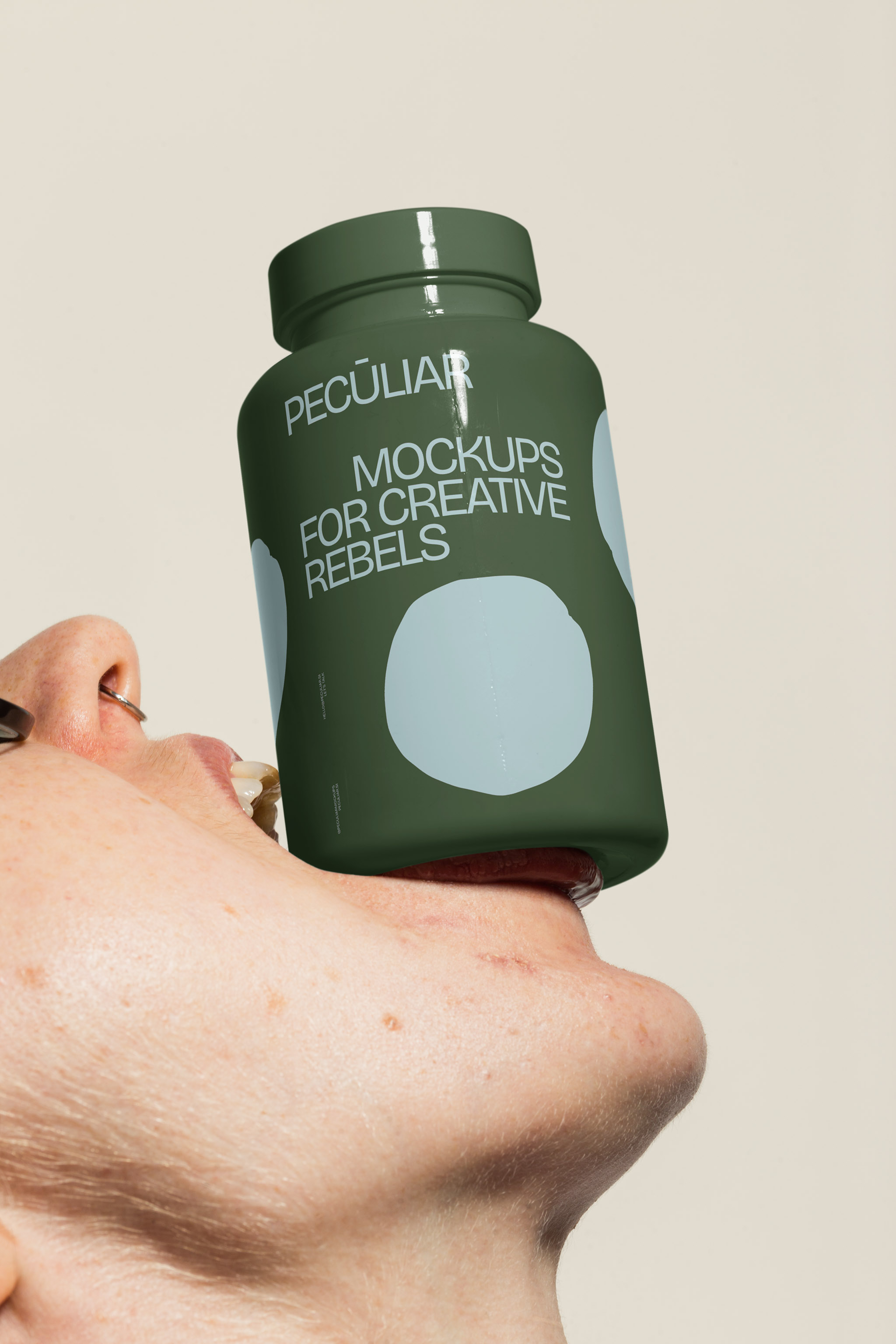 Close-up mockup of a person's face holding up a pill bottle with their mouth, in use example alternative colors.