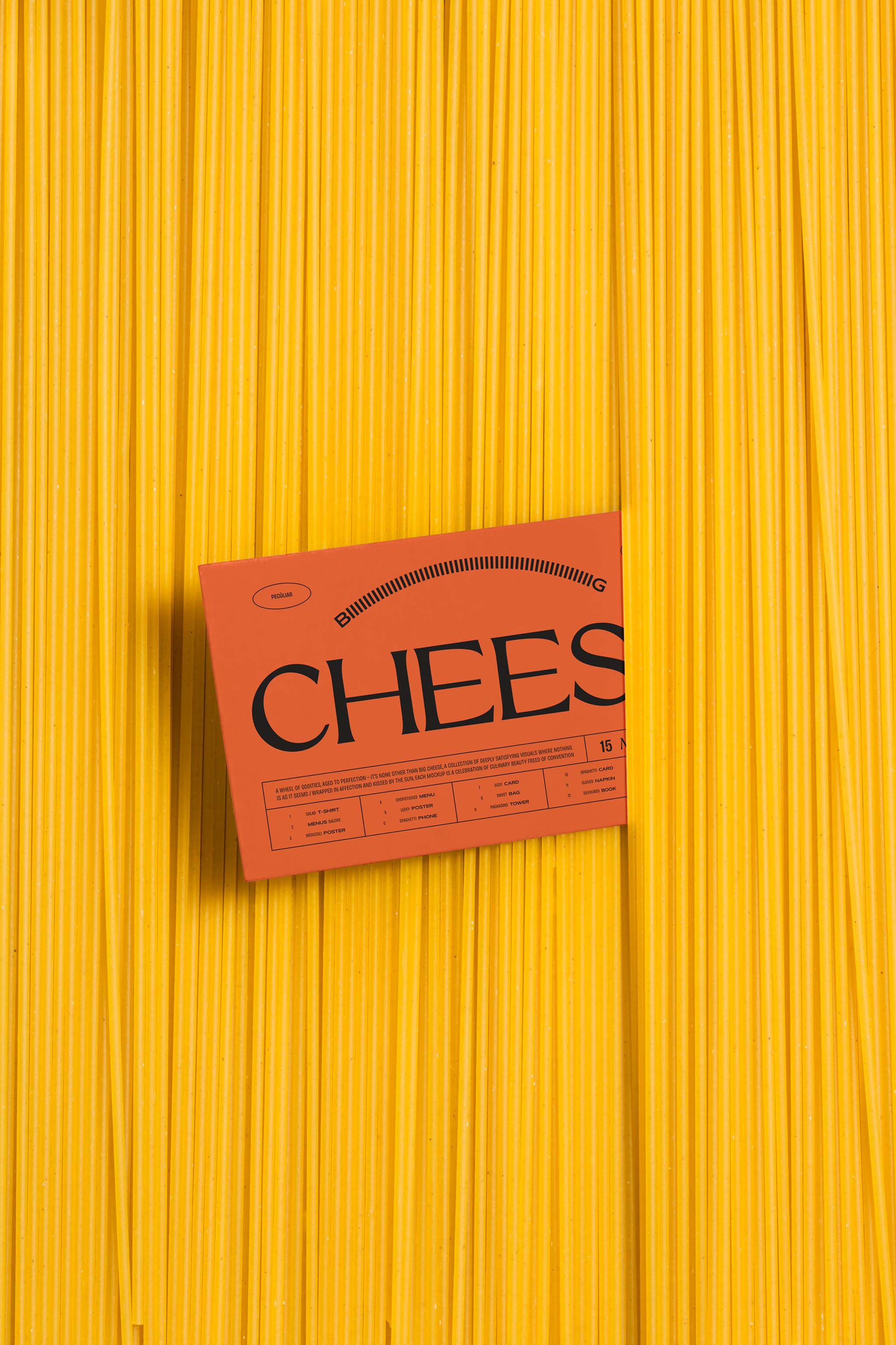 Food photo mockup close-up of vertically aligned spaghetti amid which a business card with black serif design is placed, in use example alternative colors.