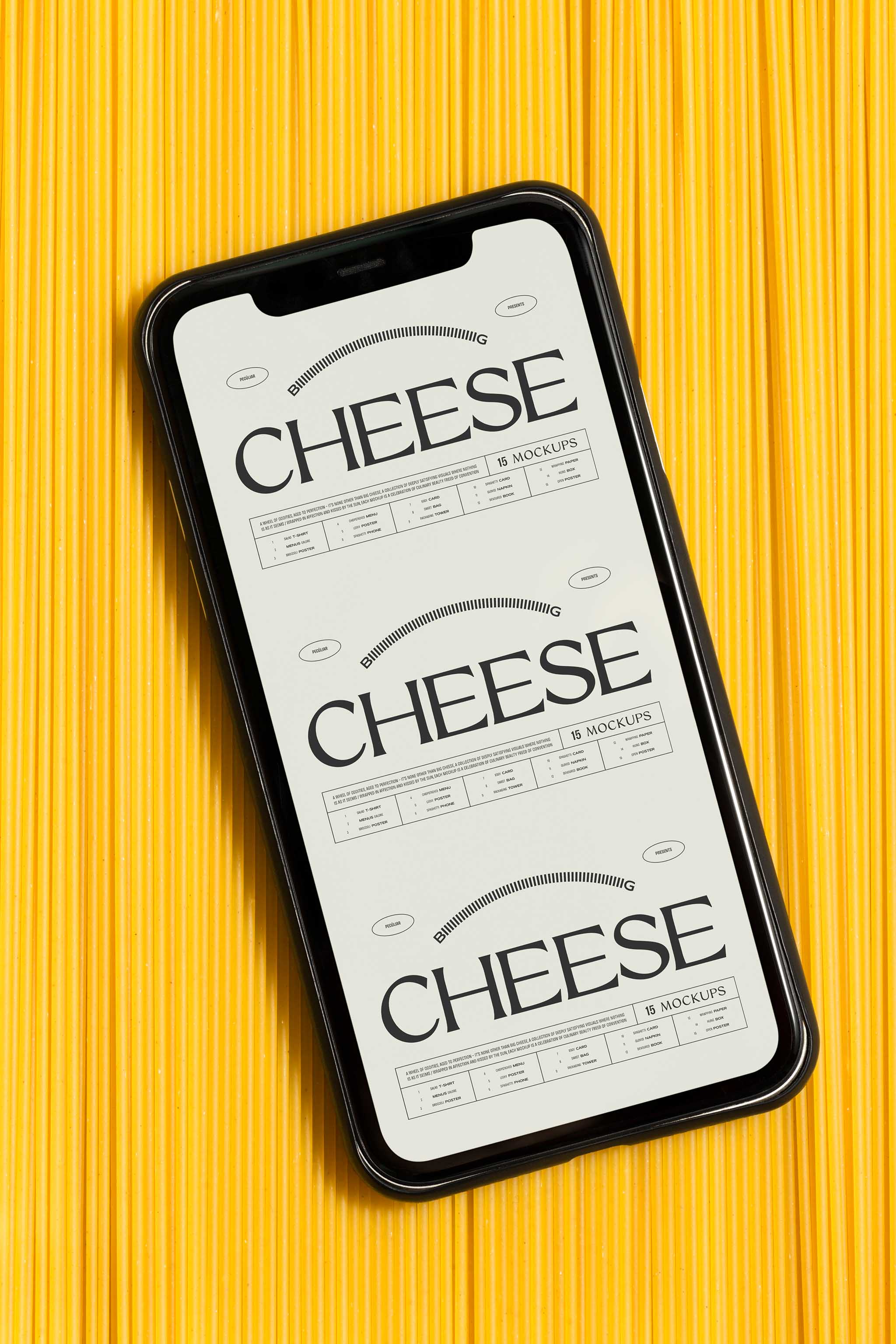 Food photo mockup close-up of vertically aligned spaghetti on top of which an iphone mockup with light screen and dark typography is positioned, in use example.