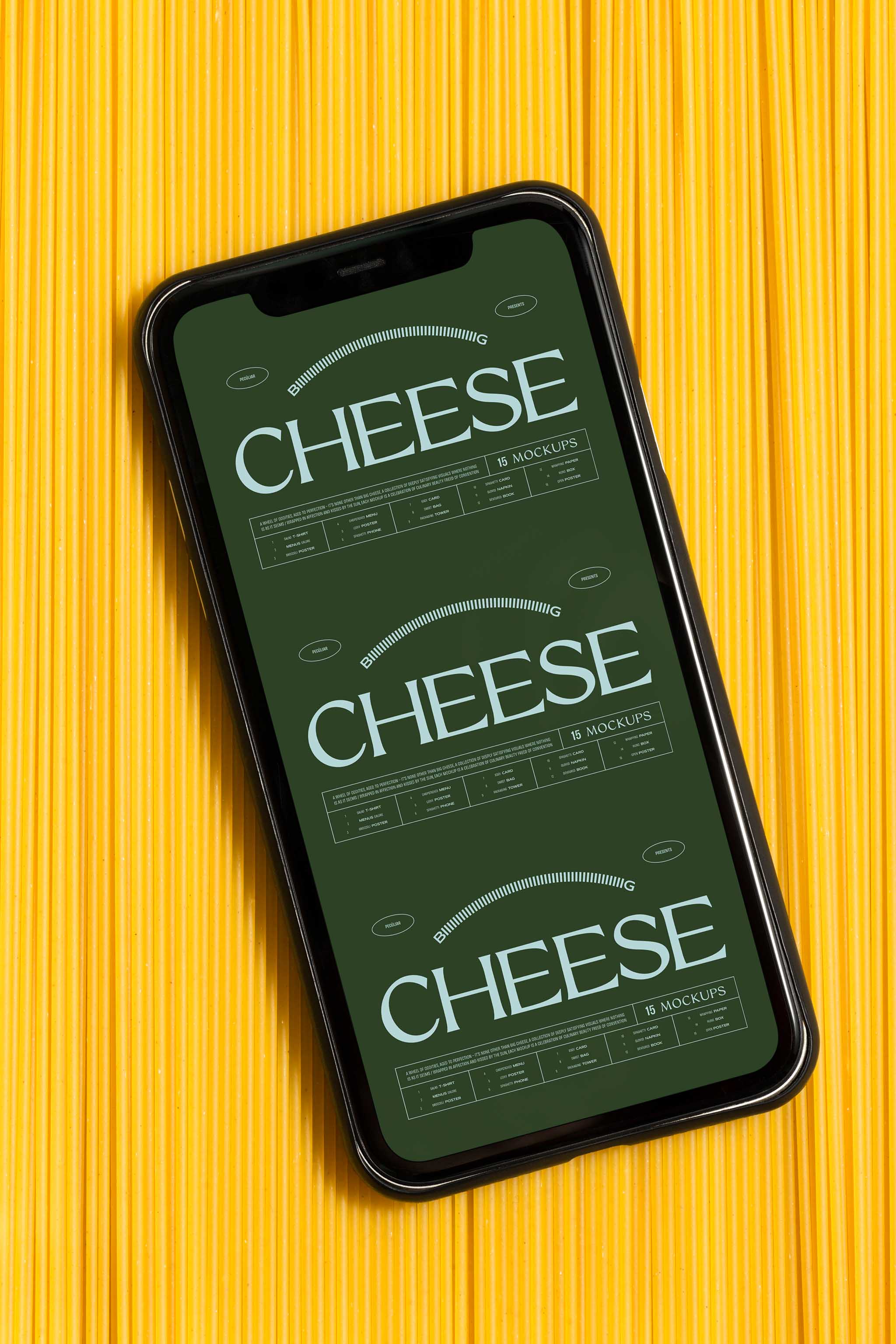 Food photo mockup close-up of vertically aligned spaghetti on top of which an iphone mockup with light screen and dark typography is positioned, in use example alternative colors.