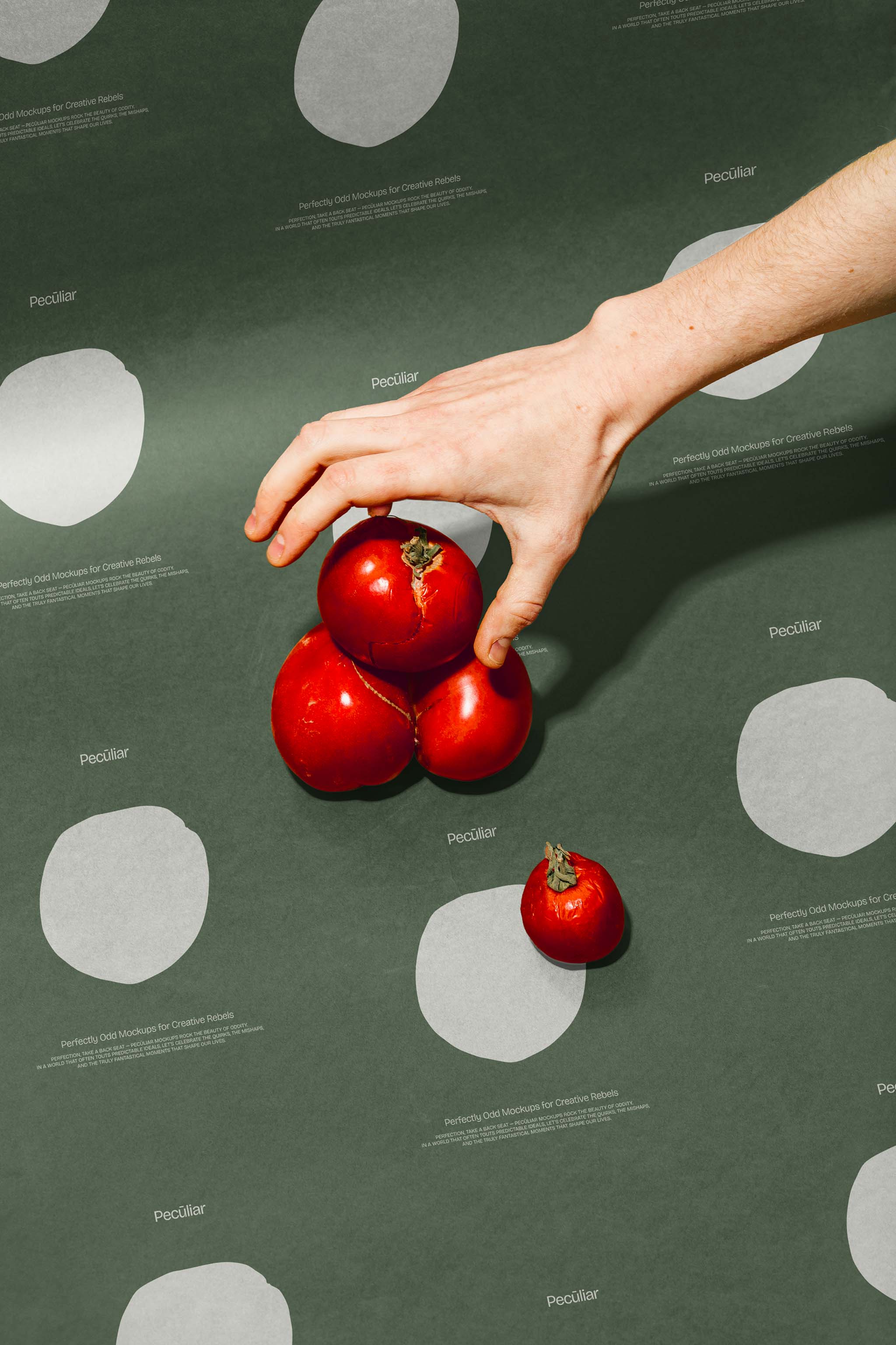 Close-up photograph of sage green wrapping paper mockup with light design pattern and a hand hovering over centrally placed tomatoes, in use example.